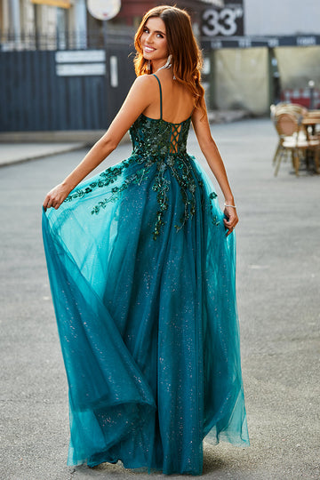 Precioso vestido de fiesta largo verde oscuro con tirantes de espagueti de una línea con apliques